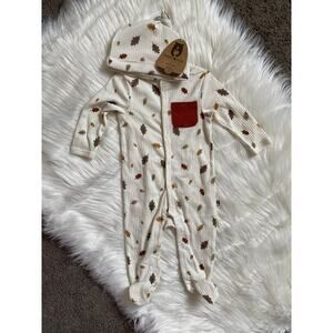 Rabbit + Bear Boys 3-6M Organic Cotton Fall Leaves & Acorns Sleeper & Hat